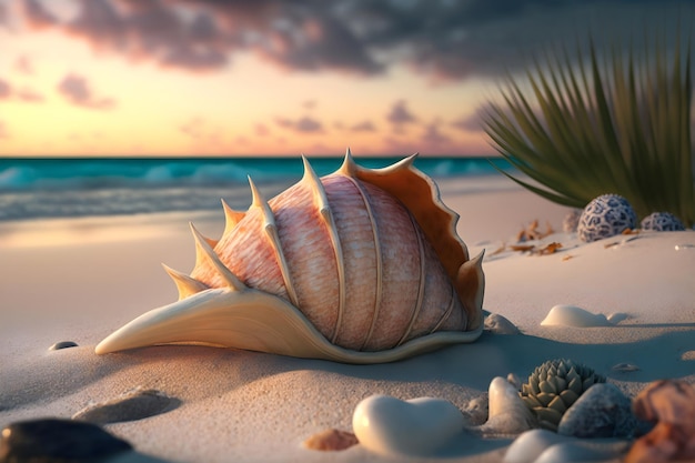 Sea shell on a sandy ocean beach Generative AI