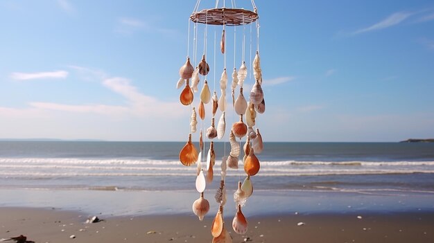 Photo sea shell wind chimes swaying in the ocean breeze