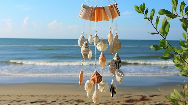 Photo sea shell wind chimes swaying in the ocean breeze