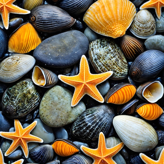 Photo a sea shell with starfish on it is surrounded by other shells