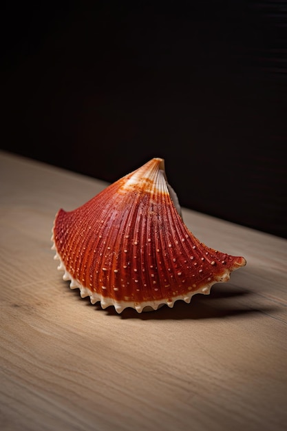 A sea shell on a wooden table