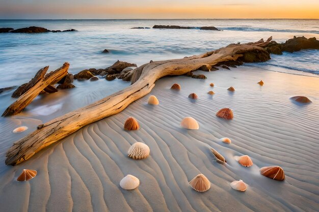 Photo sea shells on the beach at sunset