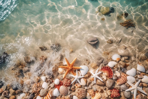 Sea shells on the beach with a blue background