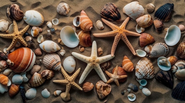 Sea shells on a beach with a starfish on the sand