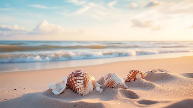 Sea shells on the beach with the sun setting behind them