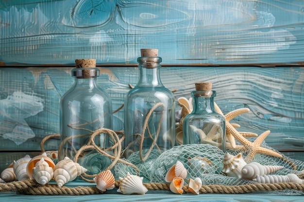 Photo sea shells blue background seashells rope and bottles mockup in rustic style texture wood