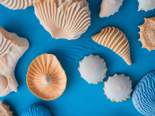 Sea shells on blue wooden background AI generated