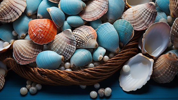 Premium Photo  Sea Shells Fishing Net and Blue Wooden Board Flat Lay