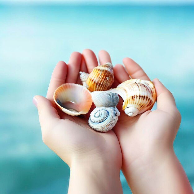 Sea shells in hands on a background of the sea