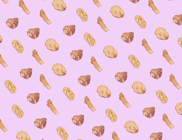 Photo sea shells pattern on pink background. flat lay, top view.