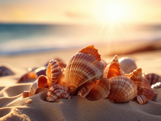 Sea shells on the sand lit by the sun in summertime