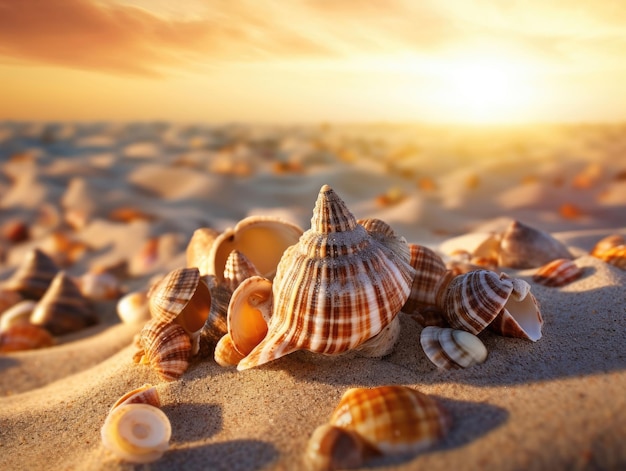 Sea shells on the sand lit by the sun in summertime