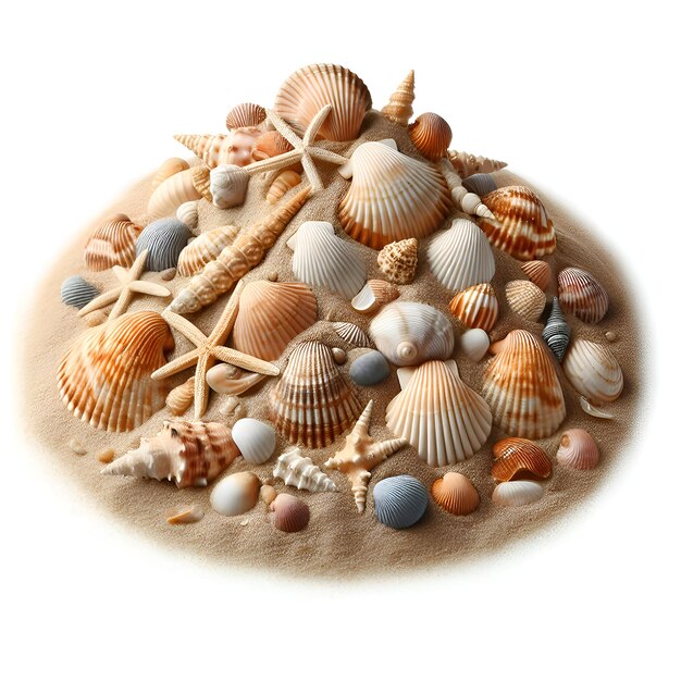 Sea Shells in Sand Pile Isolated on White Background