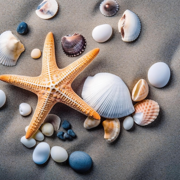 Sea shells on the sand Starfish sea stones and seashells background AI Generated