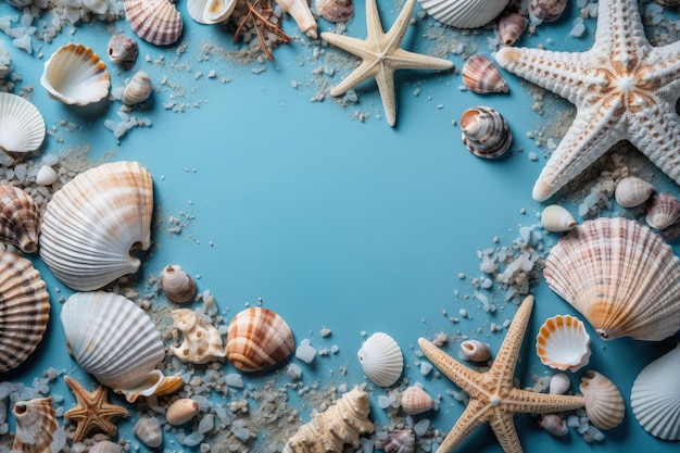 Sea shells and starfish on a blue background generative AI