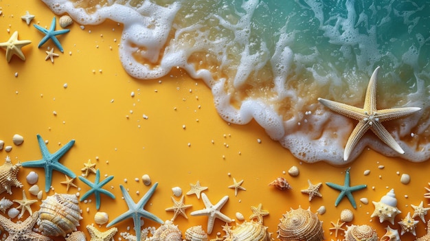 Sea Shells and Starfish on Sandy Beach