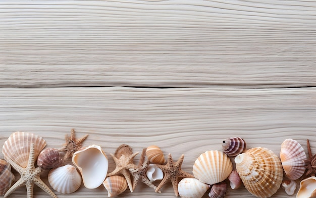 Sea shells on a wooden background