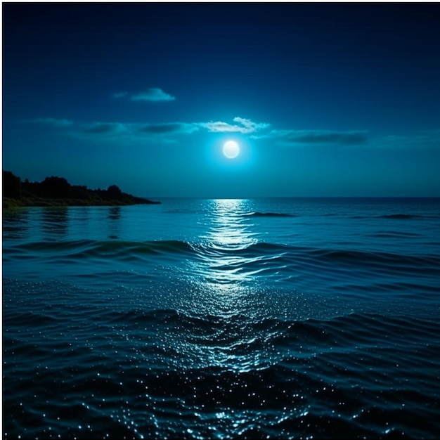 The sea shimmered with moonlight calm waves beautiful sky with moon stunning view in at night