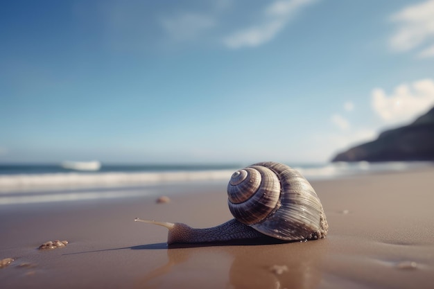 Sea Snail on tropical sea and sandy beach blue sky background Created Generative Ai