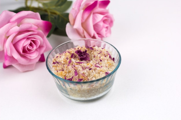 Sea solt scrub with dry rose petals