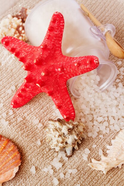 Sea spa treatment setting with red star fish and sea salt