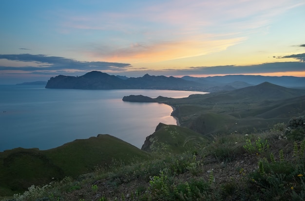 Sea spring bay. View from the mountain. Nature composition.