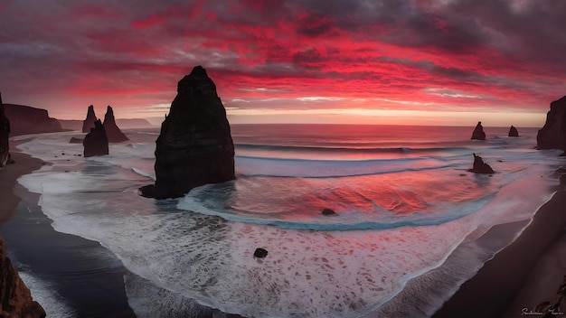 Photo sea stacks during the sunset in ribeira da janela beach madeira island portugal