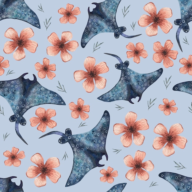 Photo sea stingray and flowers seamless pattern watercolor illustration