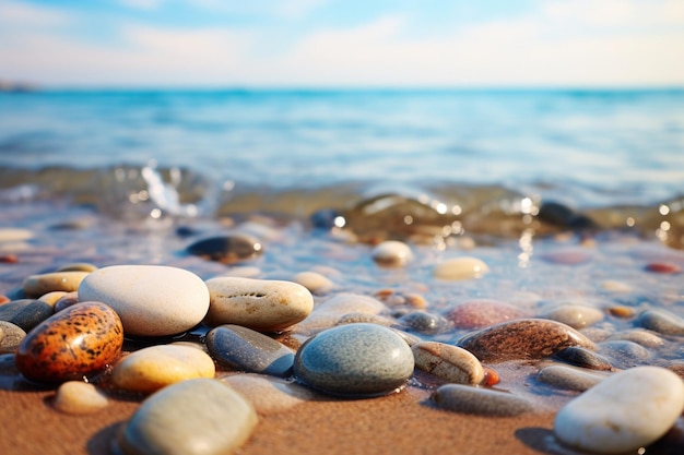 砂の夏のビーチの背景にある海の石