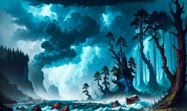 Sea storm floods in the forest thunder clouds lightning High Quality Generative AI Post Processed