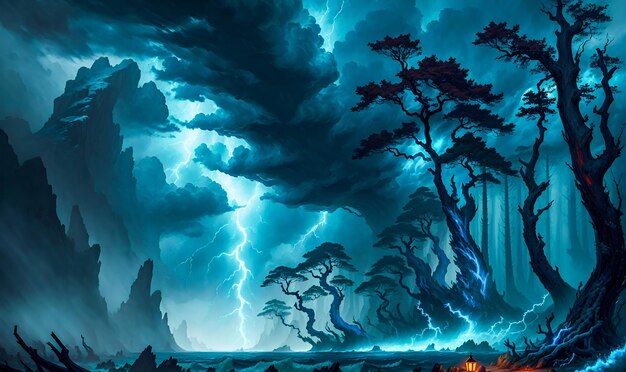Sea storm floods in the forest thunder clouds lightning High Quality Generative AI Post Processed