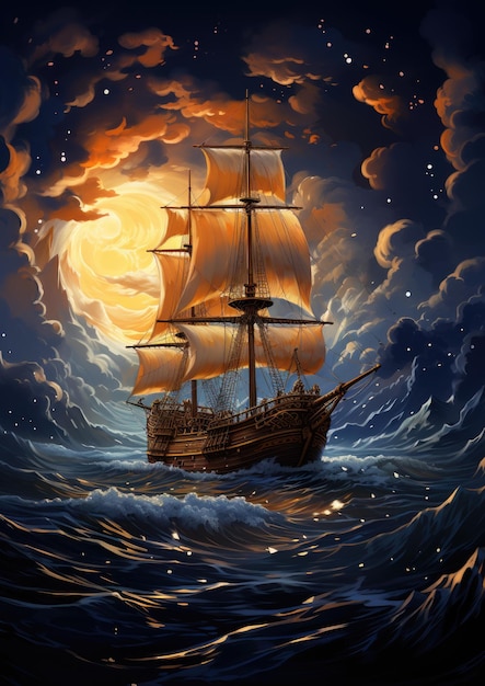 sea storm ship moon dreamy fantasy mystery tarot illustration art tattoo poster card night