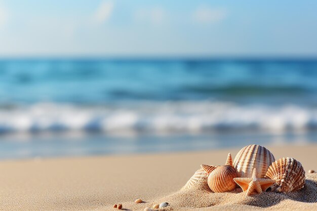 sea summer background with seashells and sand with space for text