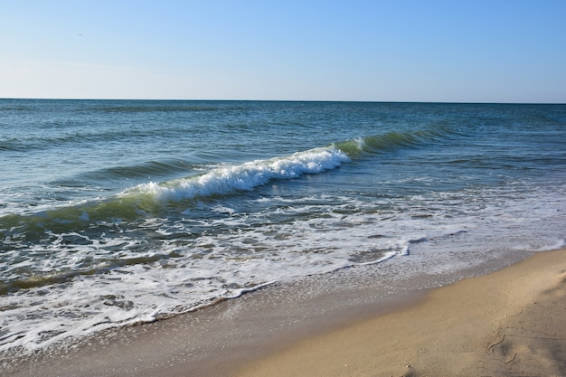 The sea surf rolls over the sandy beach in small waves