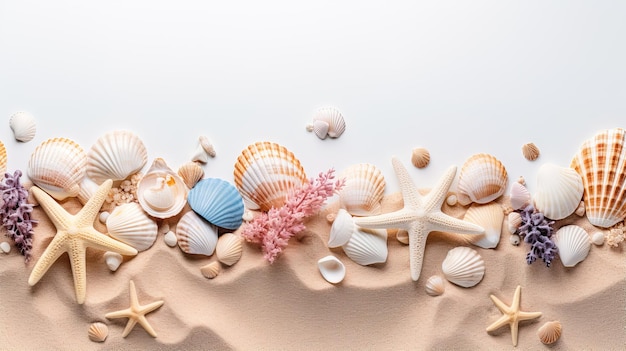 Sea themed horizontal banner with starfish sand sea shells top view with copy space