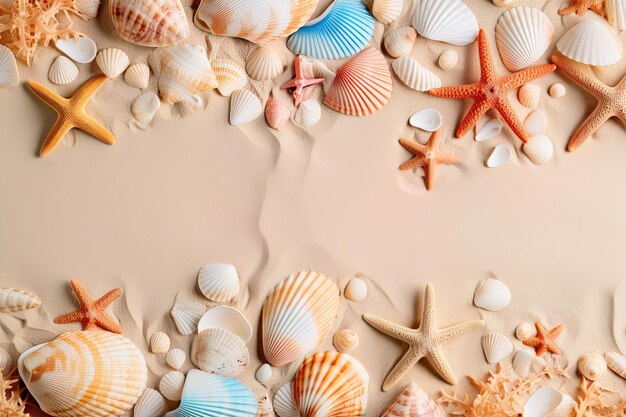Морской тематический горизонтальный баннер с морскими звездами, песком, морскими ракушками, верхним видом с пространством для копирования