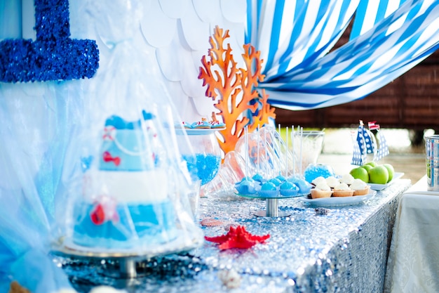 Sea time theme on the party's candy bar.