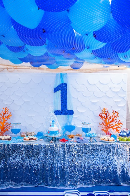 Sea time theme on the party's candy bar.