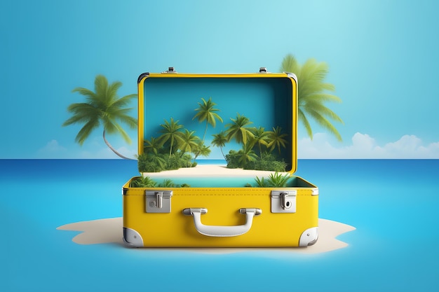 sea travel concept tropical island in a yellow suitcase on tropic and sea background