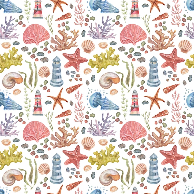 sea travel lighthouse jellyfish starfish  corals shells seamless pattern beach watercolor