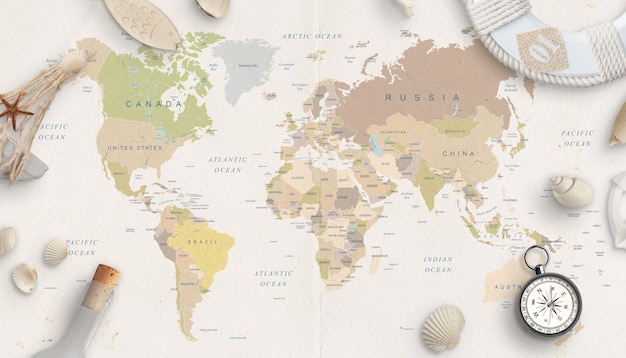 Вещи для морских путешествий на карте мира. Скопируйте пространство посередине. Вид сверху.
