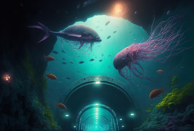 Sea tunnels with cyberpunk jellyfish and artificial jellyfish tentacles