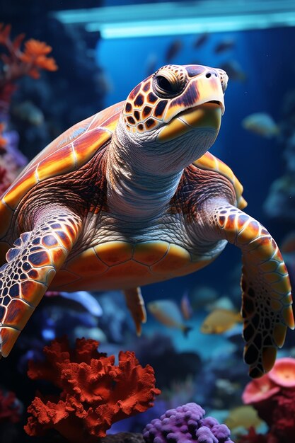 A sea turtle in the clear waters of the aquarium among the corals and rare exotic fish