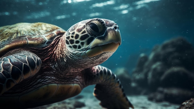Sea turtle close up over coral reef AI generated