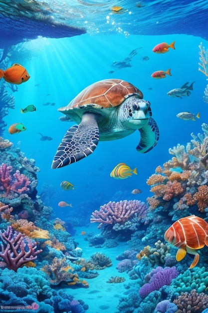 Sea turtle and coral reefs