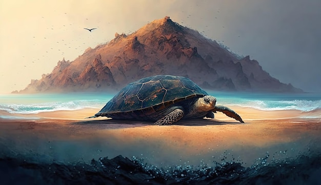 Морская черепаха ползет по песчаному пляжу с горой на заднем плане. Создан искусственный интеллект.