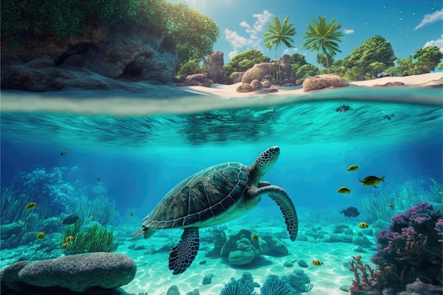 Sea turtle in crystal clear water Amazing crystalline seabed Reef full of life Generative AI