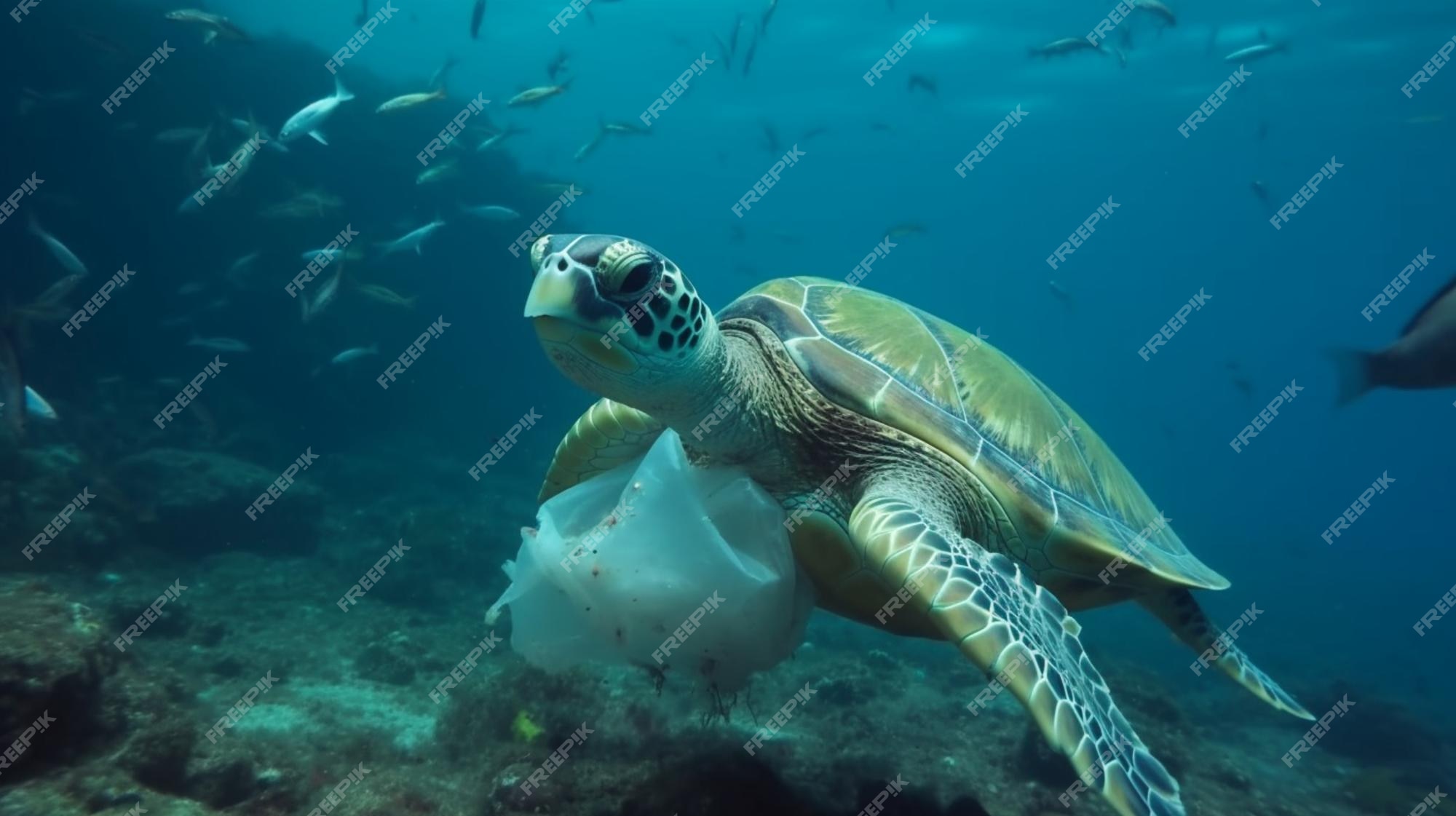Premium Photo | Sea turtle eat plastic under the sea