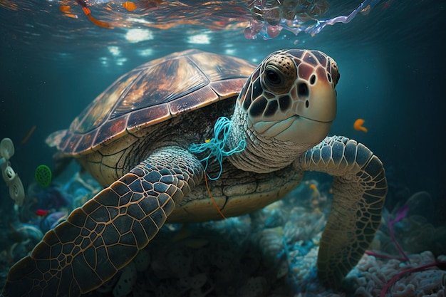 A sea turtle entangled with remnants of marine fishing nets Ai generated