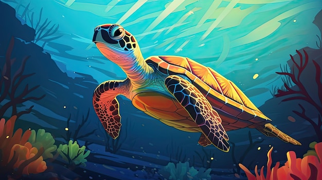 Sea Turtle Flat vector cartoon 2D lighting glow colorful generated by artificial intelligence